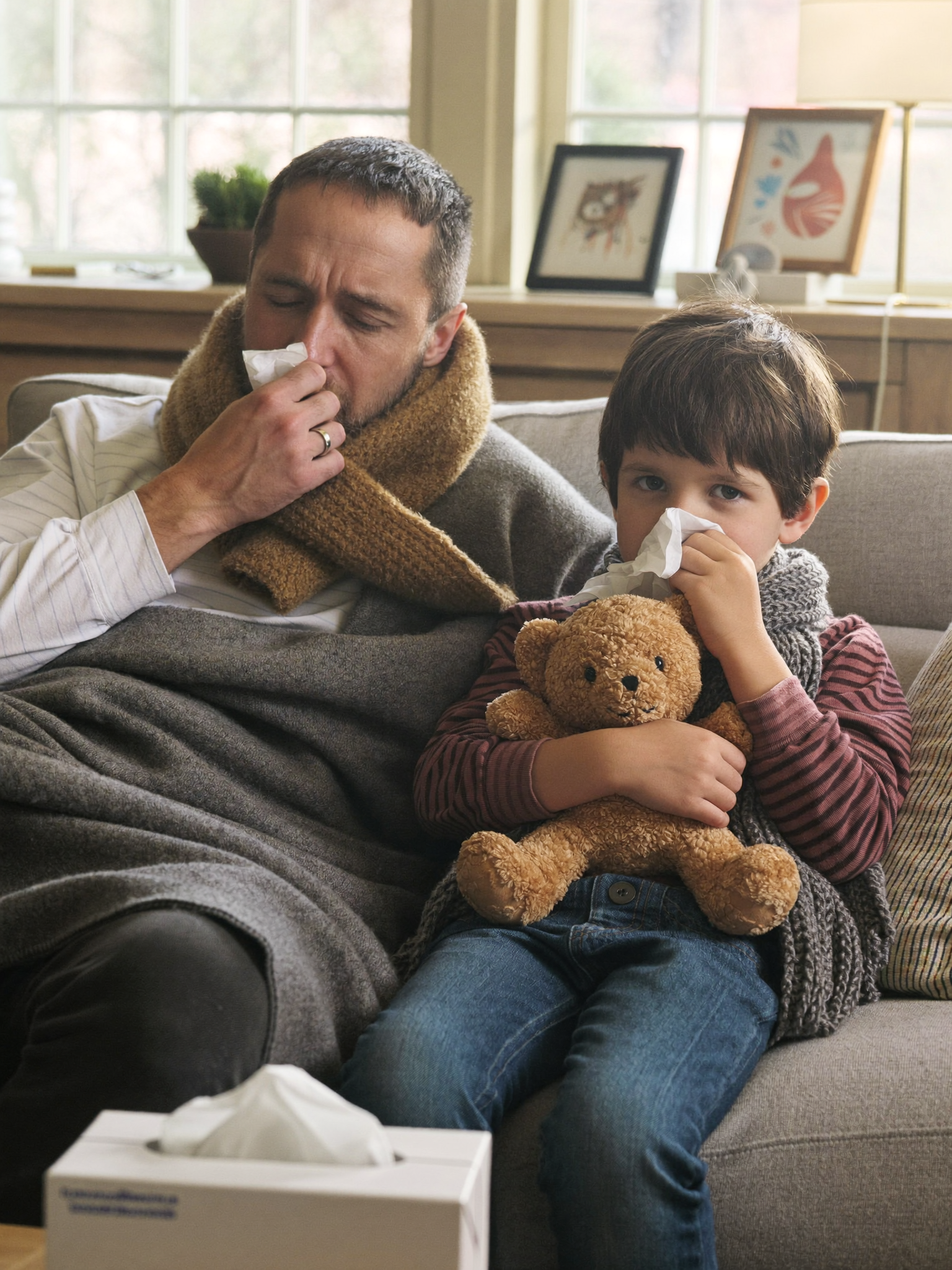 Father and son with allergy symptoms at home