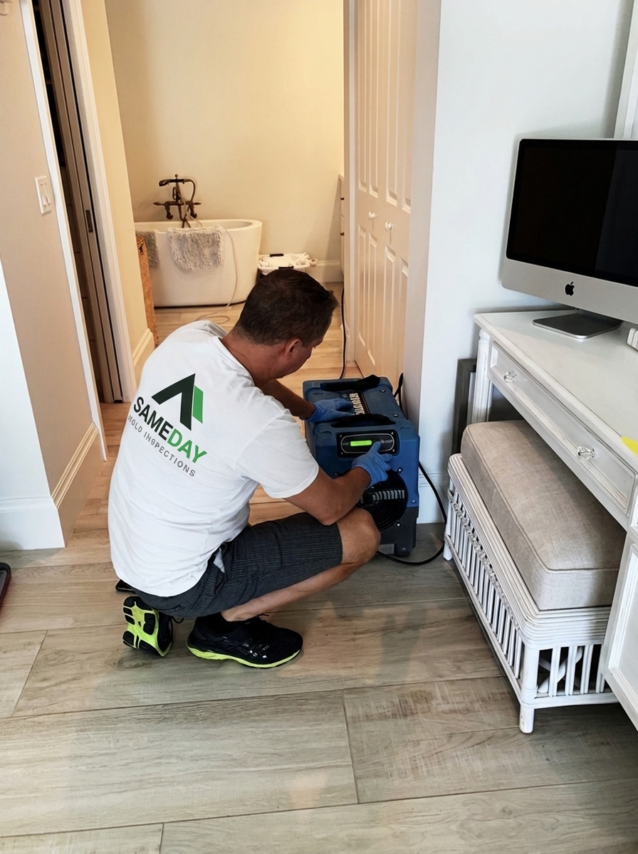 Our technician setting up a dehumidifier in a client's home