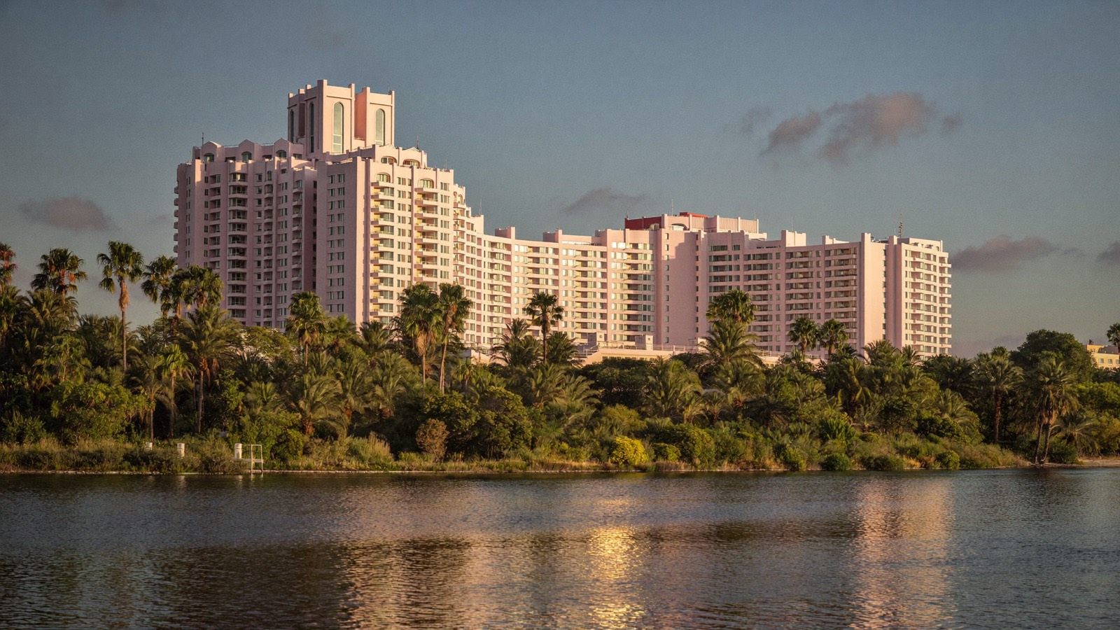 The famous pink resort tower rising over the Boca Raton waterfront