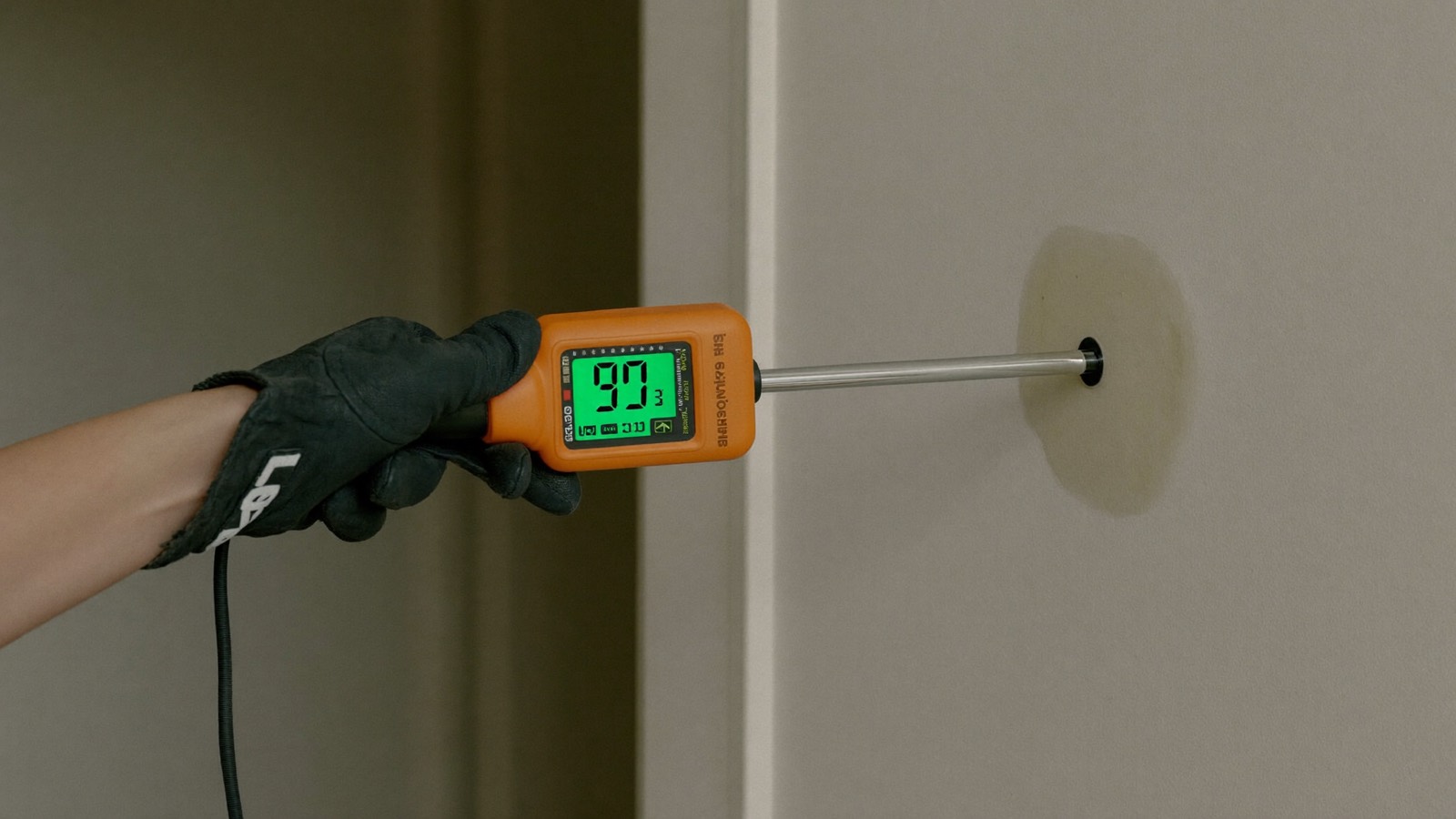 Moisture meter reading on drywall in a Jupiter home